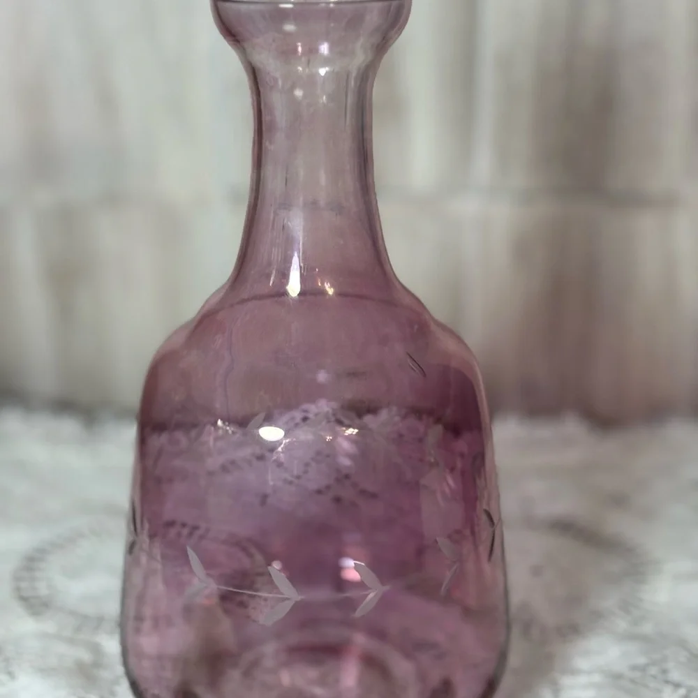 Vintage Cranberry Pink Glass Vase with Etching